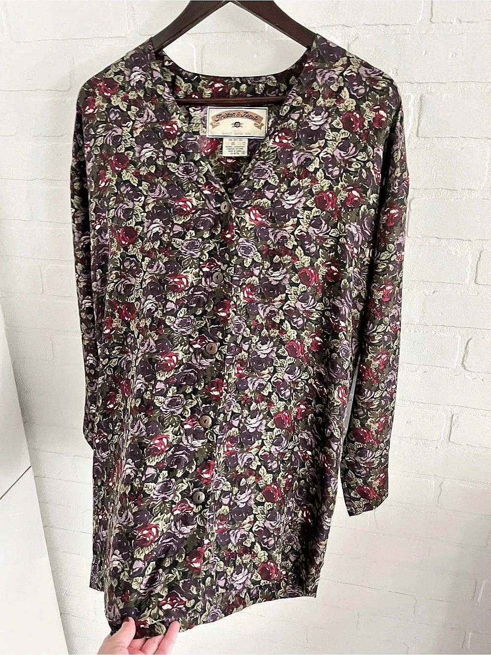 Tristan & Iseut Vintage 90s Silk Rose Print Tie Back Blouse Oversized Sz S - Picture 8 of 16